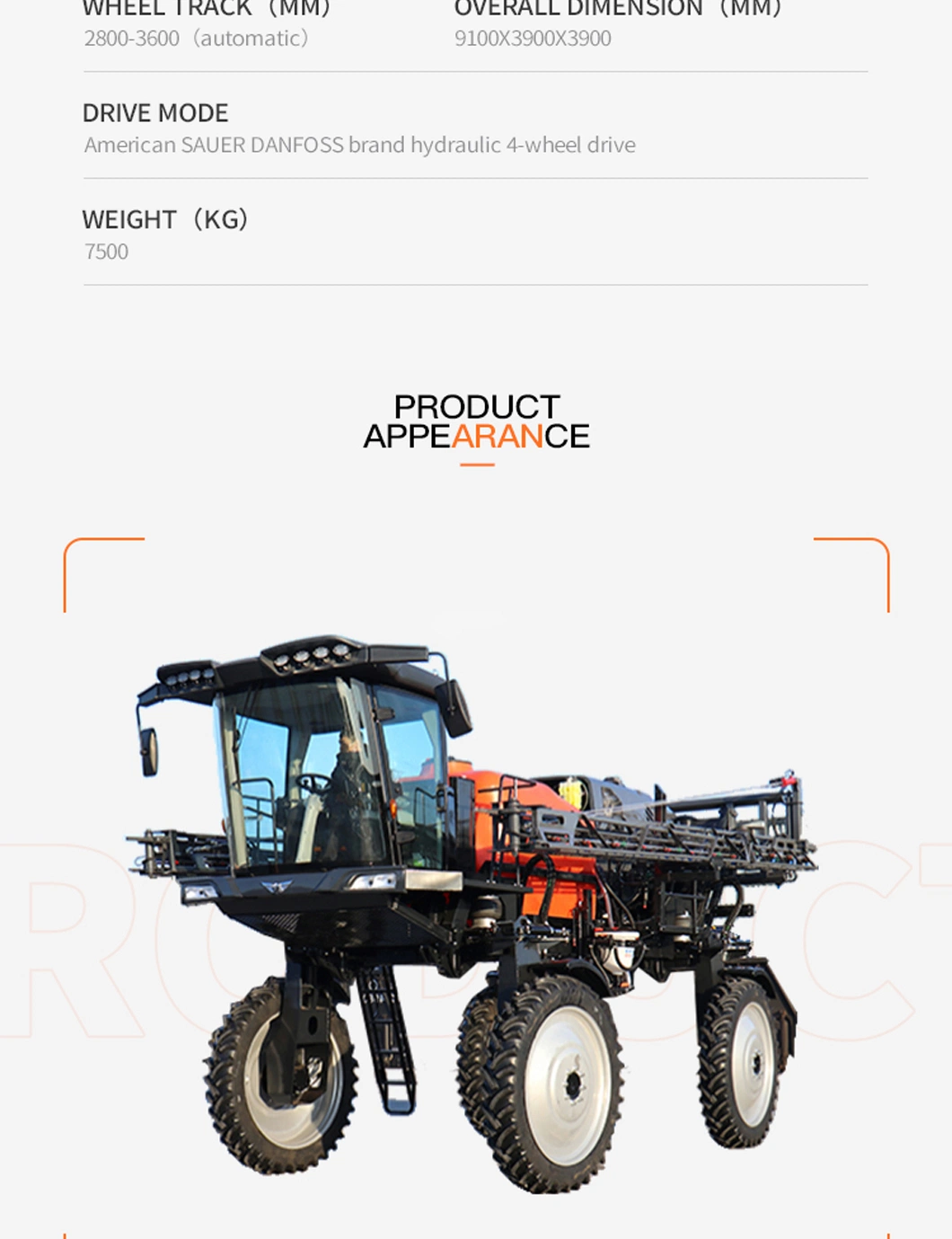 Self-Propelled Cotton Hydraulic High Clearance Power Pesticide Field Spray Agricultural Sprayer